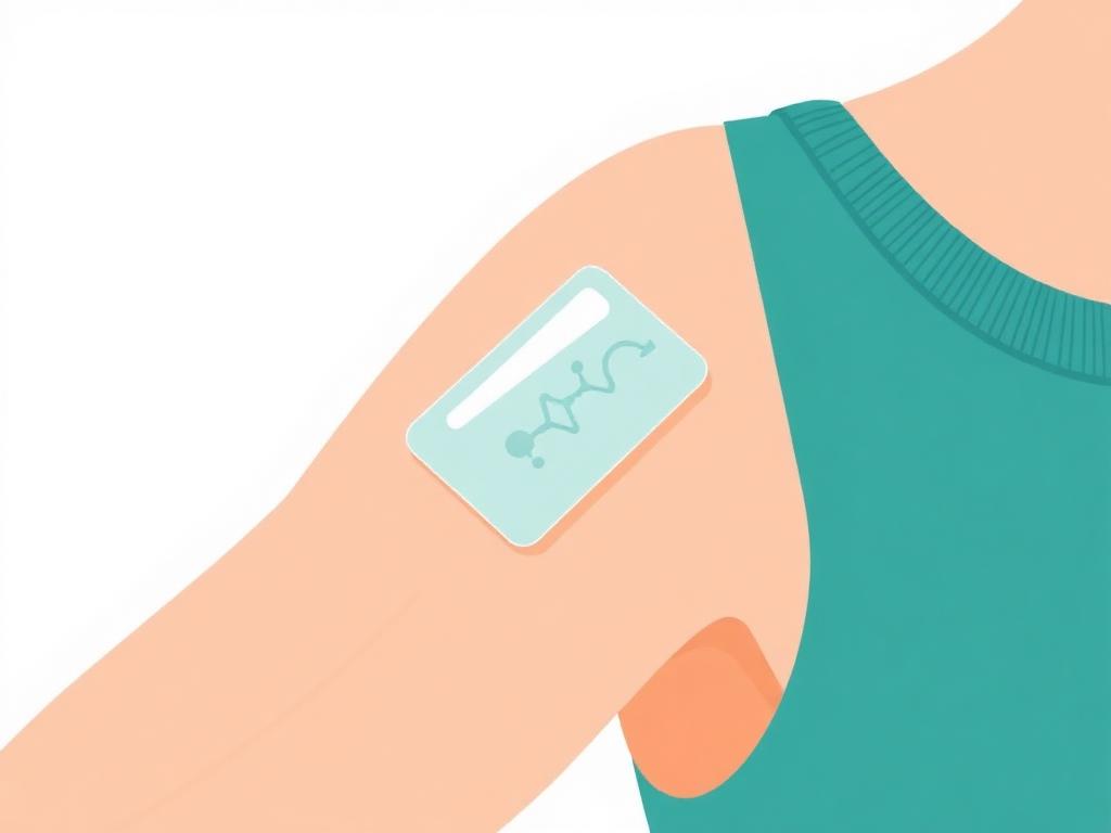 Illustration of a GLPatches transdermal patch worn on the upper arm supporting steady blood sugar